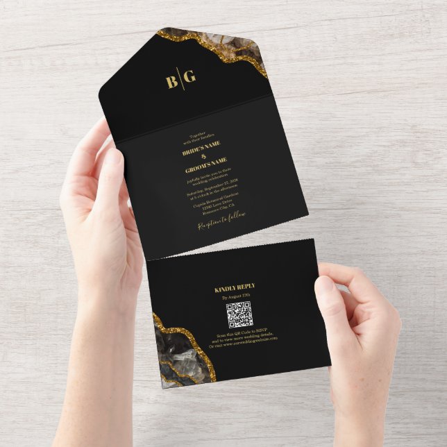 Black & Gold Agate Geode Glitter Wedding All In One Invitation (Tearaway)