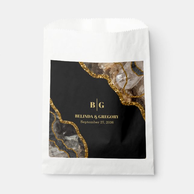 Black & Gold Agate Geode Glitter Wedding Favour Bags (Front)