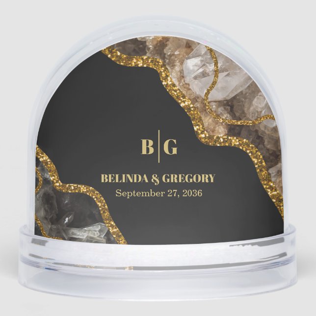 Black & Gold Agate Geode Glitter Wedding Favour Snowglobe (Front)