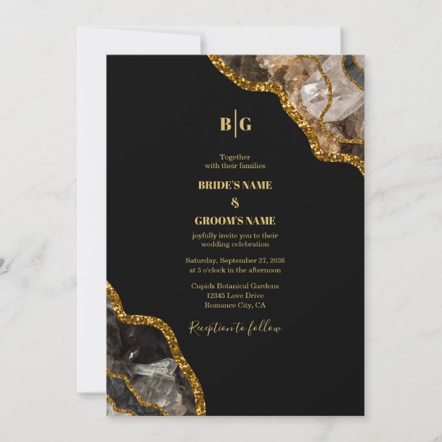 Black & Gold Agate Geode Glitter Wedding Invitation (Front)