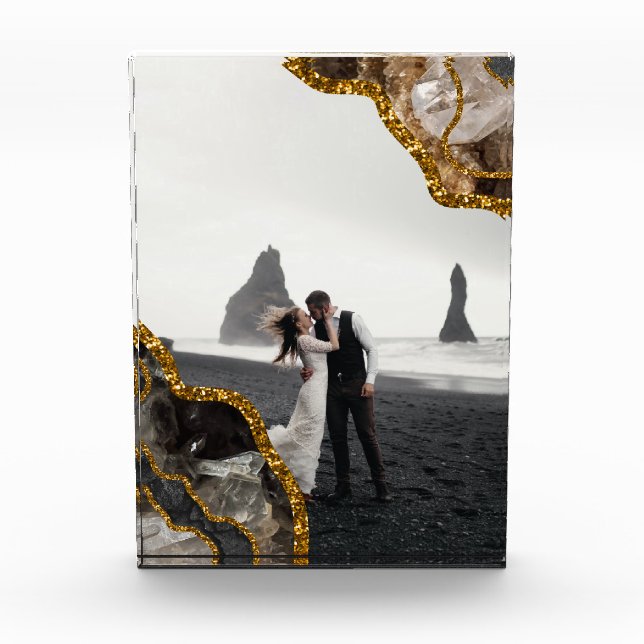 Black & Gold Agate Geode Glitter Wedding Photo Block (Front)