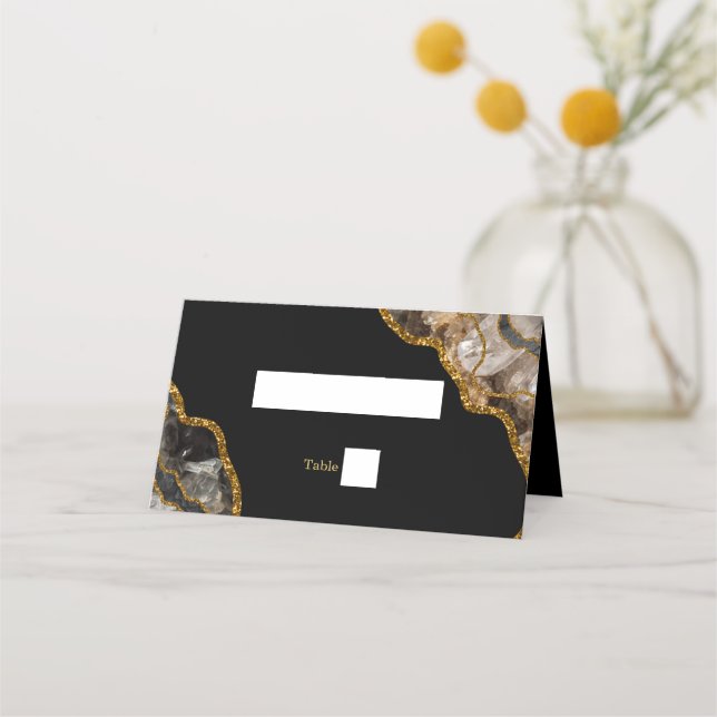 Black & Gold Agate Geode Glitter Wedding Place Card (Front)