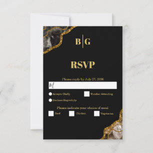 Black & Gold Agate Geode Glitter Wedding RSVP Card