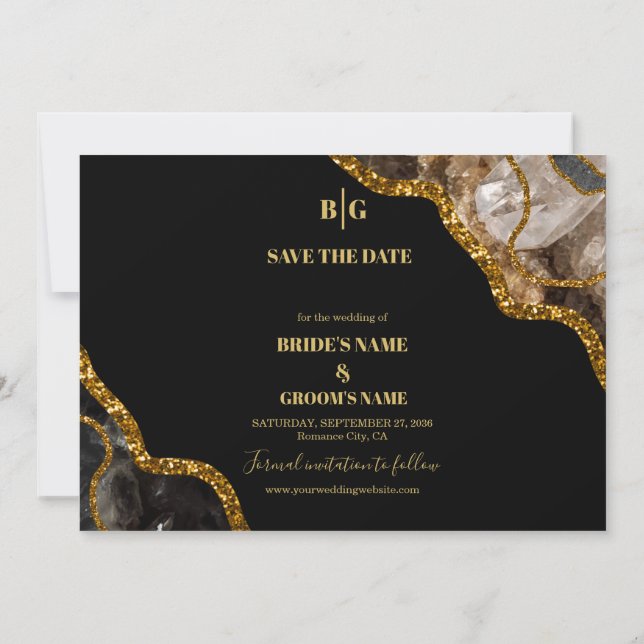 Black & Gold Agate Geode Glitter Wedding  Save The Date (Back)