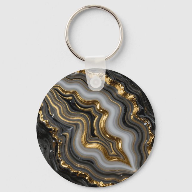 Black Gold Agate Geode Luxury Marble Key Ring (Front)