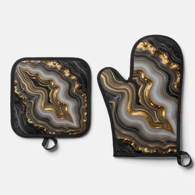 Black Gold Agate Geode Luxury Marble Oven Mitt & Pot Holder Set (Front)