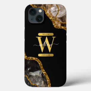 Black & Gold Agate Geode Monogram iPhone 13 Case