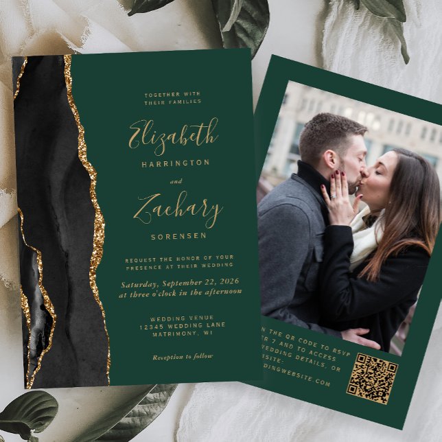 Black Gold Agate Green Photo QR Code Wedding Invitation (Creator Uploaded)