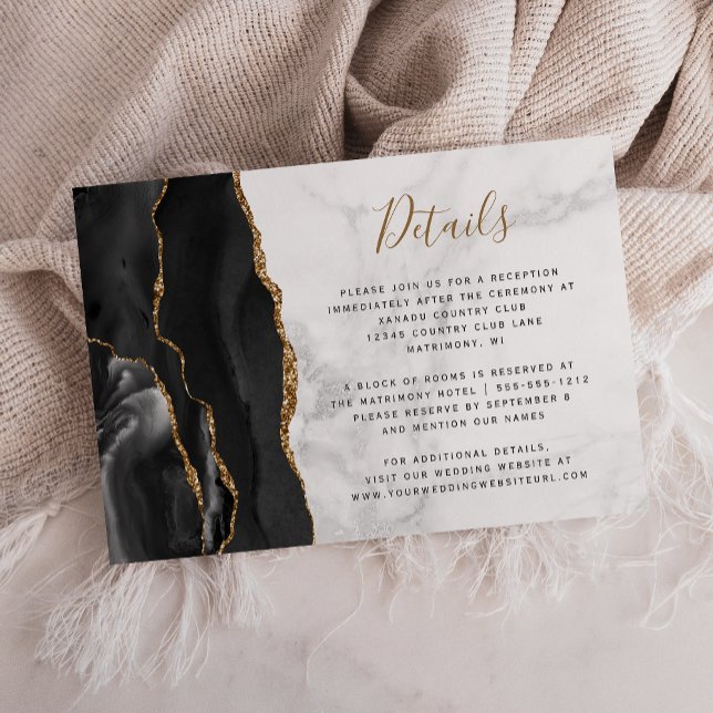 Black Gold Agate Grey Marble Wedding Details Enclosure Card (Creator Uploaded)