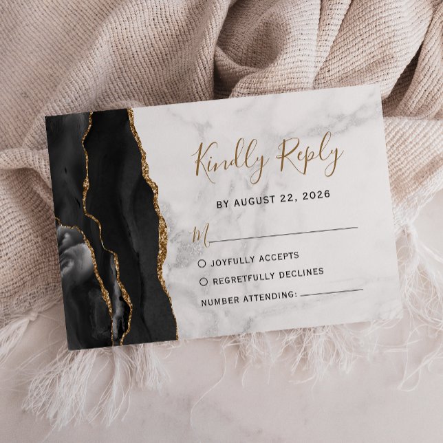 Black Gold Agate Grey Marble Wedding RSVP Card (Creator Uploaded)