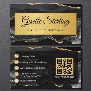 Black Gold Agate Lash Technician Glitter QR Code Business Card