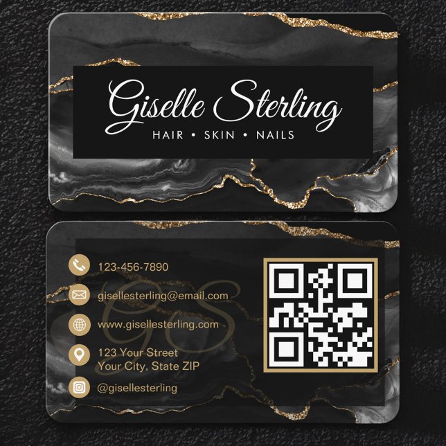 Black Gold Agate Luxury QR Code Business Card (Creator Uploaded)