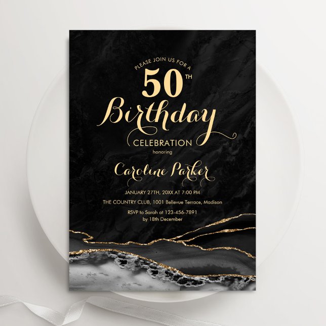Black Gold Agate Marble 50th Birthday Invitation (Creator Uploaded)