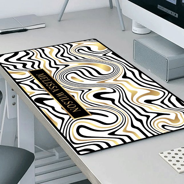 Black & Gold Agate Marble Abstract Pattern Name Desk Mat (Stylish black and gold agate design desk mat with space for your name)