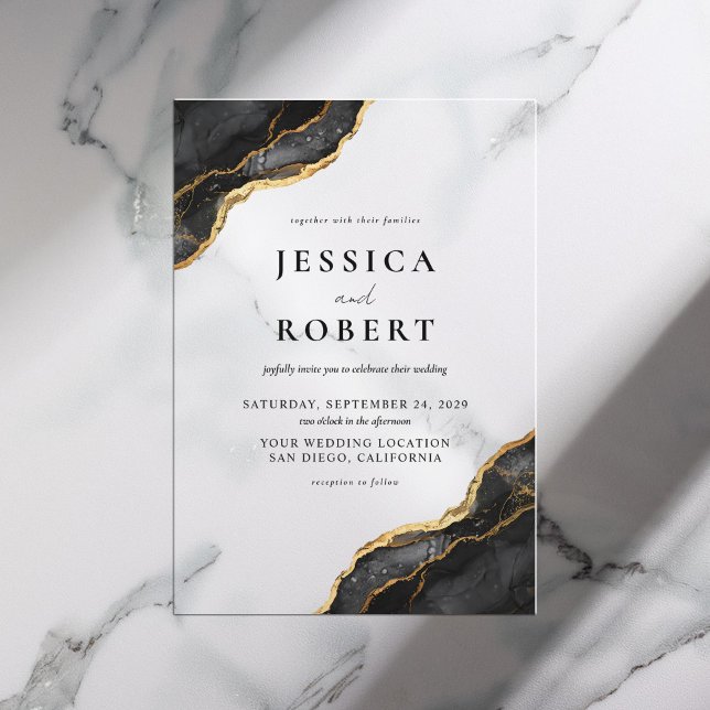 Black Gold Agate Marble Elegant Wedding Invitation (Creator Uploaded)
