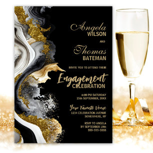Black Gold Agate Marble Engagement Party Invitation