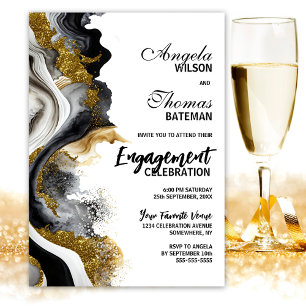 Black Gold Agate Marble Engagement Party Invitation