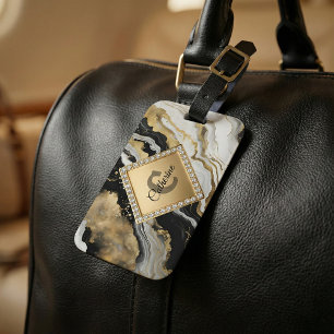 Black Gold Agate Marble Glam Diamond Monogram Luggage Tag