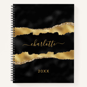 Black gold agate marble name script elegant notebook