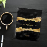 Black gold agate marble name script elegant planner<br><div class="desc">Black and faux gold,  agate,  marble stone print as background. Personalise and add your name and a year. The name is written with a modern hand lettered style script.</div>
