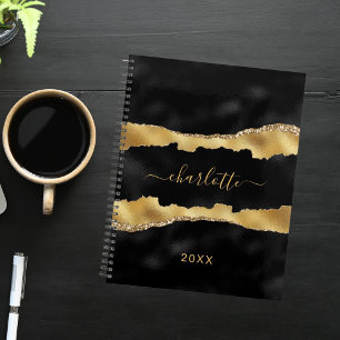 Black gold agate marble name script elegant planner