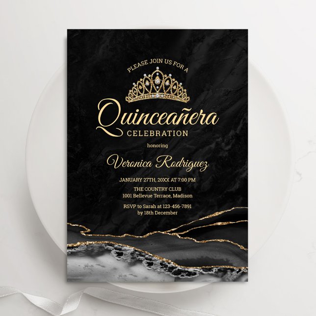Black Gold Agate Marble Quinceanera Invitation (Creator Uploaded)