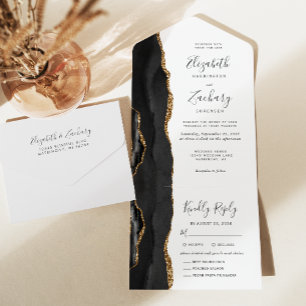 Black Gold Agate Meal Options Wedding All In One Invitation