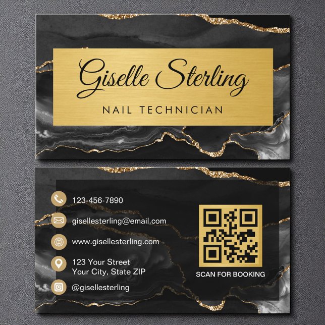 Black Gold Agate Nail Technician Glitter QR Code Business Card (Creator Uploaded)