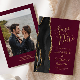 Black Gold Agate Photo Burgundy Save the Date
