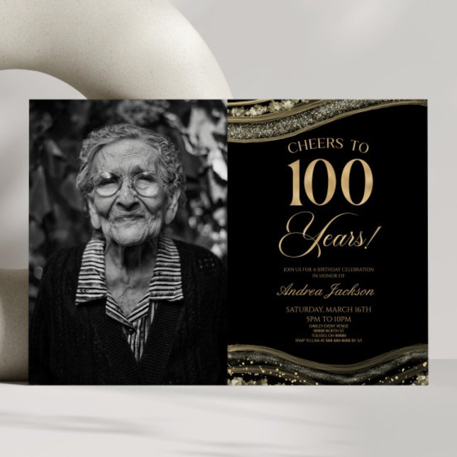 Black Gold Agate Picture 100th Birthday Party Invitation (Creator Uploaded)