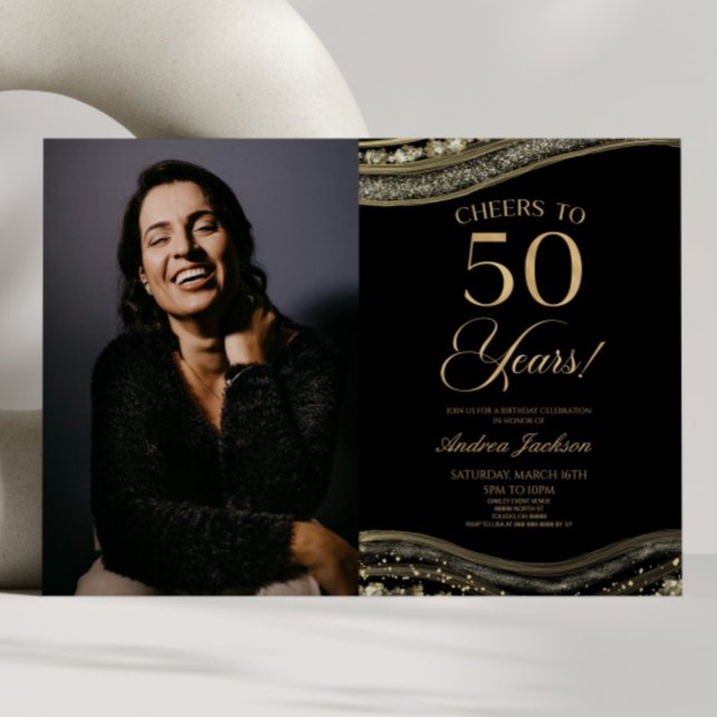 Black Gold Agate Picture 50th Birthday Party Invitation (Creator Uploaded)