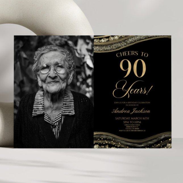 Black Gold Agate Picture 90th Birthday Party Invitation (Creator Uploaded)