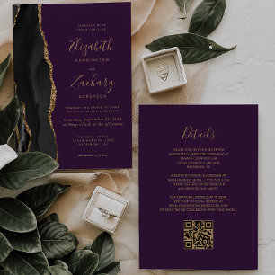 Black Gold Agate Purple QR Code Wedding Invitation
