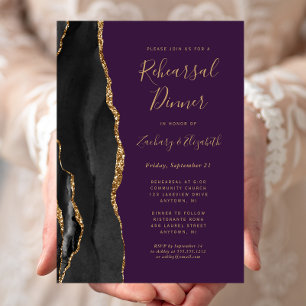 Black Gold Agate Purple Wedding Rehearsal Dinner Invitation
