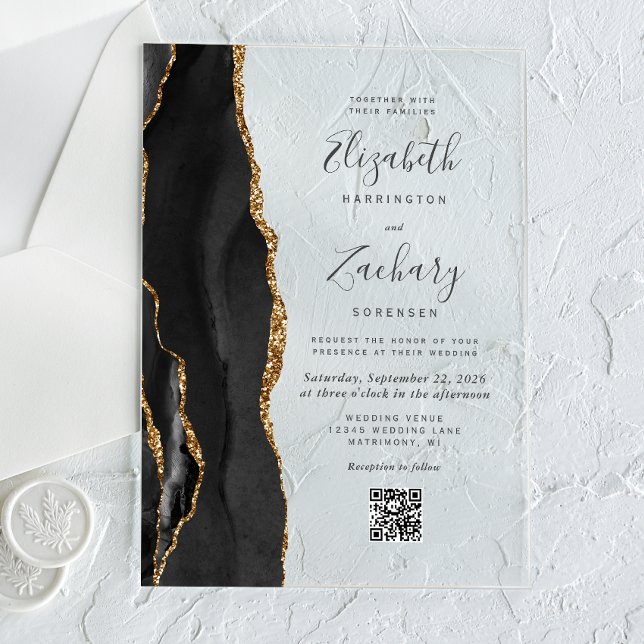Black Gold Agate QR Code Wedding Acrylic Invitations (Creator Uploaded)