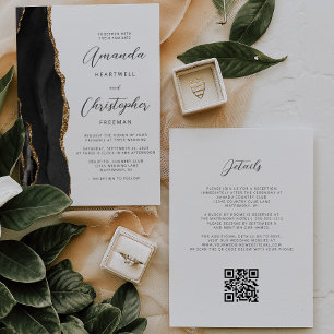 Black Gold Agate QR Code Wedding Invitation