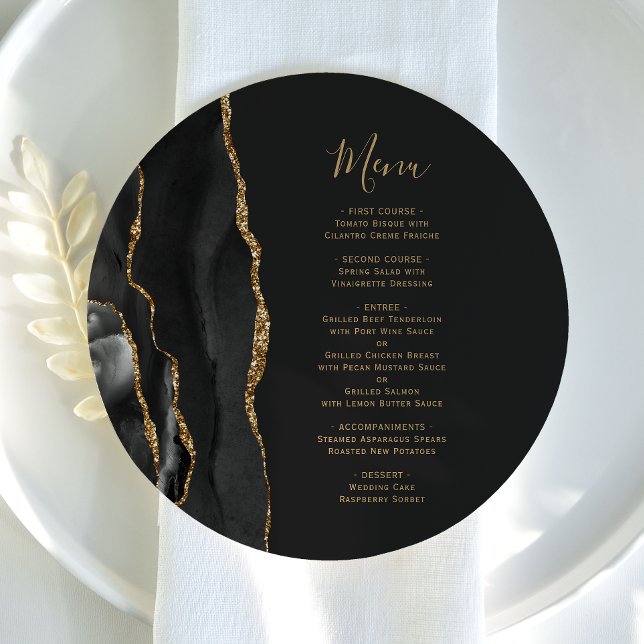 Black Gold Agate Round Plate Wedding Menu (Creator Uploaded)