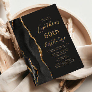 Black Gold Agate Slate Script 60th Birthday Invitation