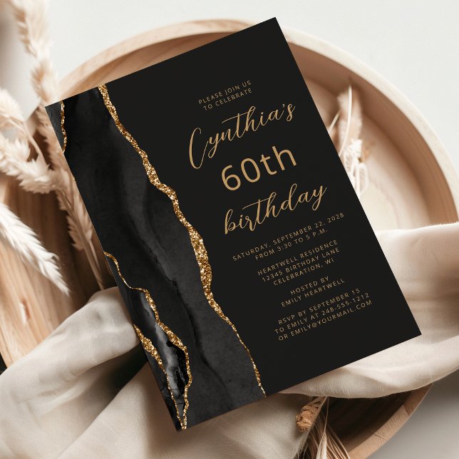 Black Gold Agate Slate Script 60th Birthday Invitation (Creator Uploaded)