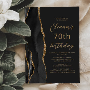 Black Gold Agate Slate Script 70th Birthday Invitation