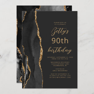 Black Gold Agate Slate Script 90th Birthday Invitation