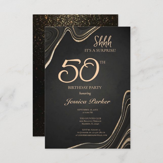 Black Gold Agate Surprise 50th Birthday  Invitation (Front/Back)