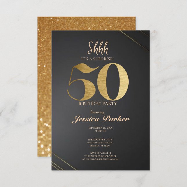Black Gold Agate Surprise 50th Birthday  Invitation (Front/Back)