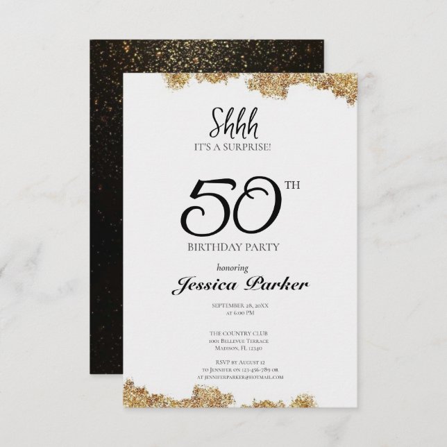 Black Gold Agate Surprise 50th Birthday  Invitation (Front/Back)