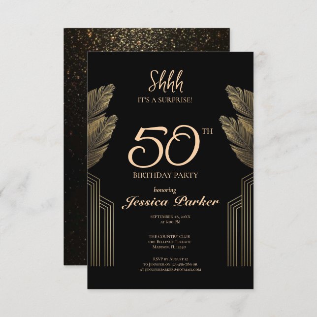 Black Gold Agate Surprise 50th Birthday  Invitation (Front/Back)