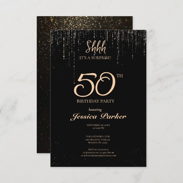 Black Gold Agate Surprise 50th Birthday  Invitation (Front/Back)