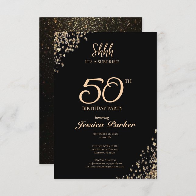 Black Gold Agate Surprise 50th Birthday  Invitation (Front/Back)