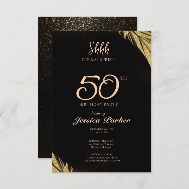 Black Gold Agate Surprise 50th Birthday  Invitation (Front/Back)