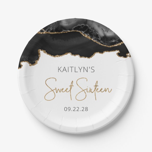 Black Gold Agate Sweet 16 Birthday Party Paper Plate (Front)