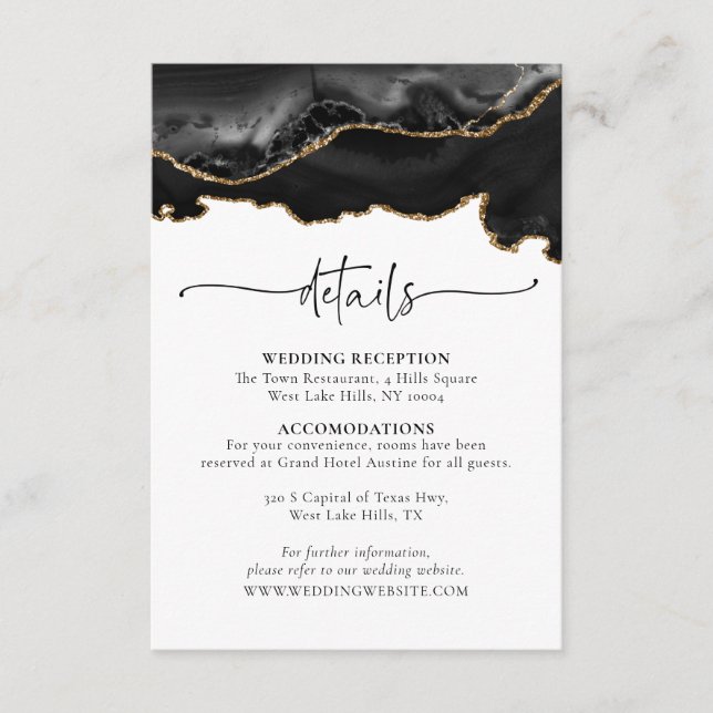Black Gold Agate Wedding Details Enclosure Card (Front)